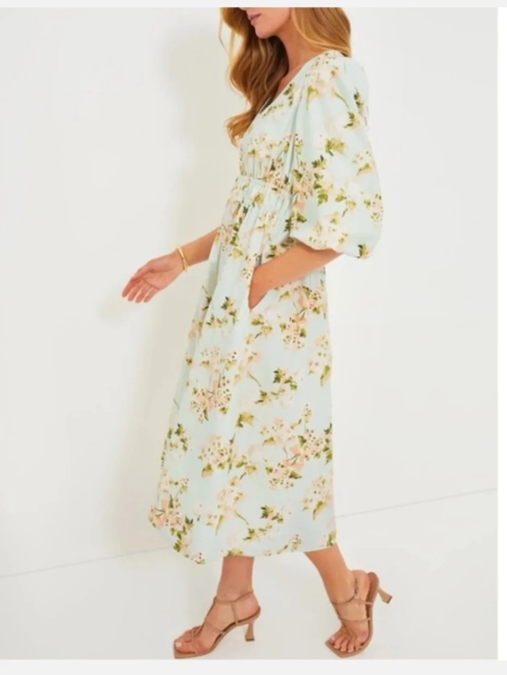 Tuckernuck Light Blue Floral Midi Dress with Puff Sleeves - Picture 3 of 11